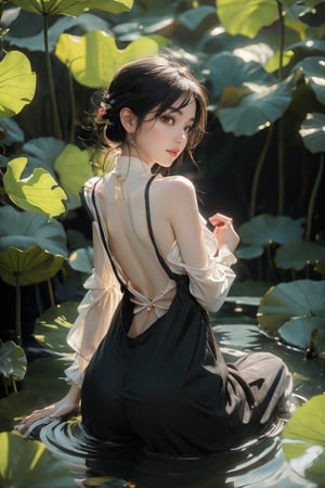 Full body shot, top view , 1girl,  ((masterpiece, best quality, ultra detailed, absurdres):1.5) ,1girl, beautiful, ZGirl,orange eyes, (completely naked no clothings under overalls),ZGirl,aodai, lotus,lotus leaf, water, from_behind ,dream_girl,lotus lake, ,xuer Lotus leaf,Sexy_attire 