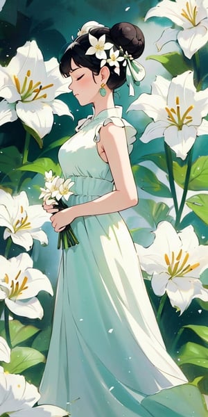 1girl, solo, black hair, hair ornament, dress, holding, jewelry, standing, full body, closed eyes, flower, earrings, barefoot, sleeveless, hair bun, from side, profile, single hair bun, white flower, green dress, long dress, holding flower, lily \(flower\),breasts,dragonbaby