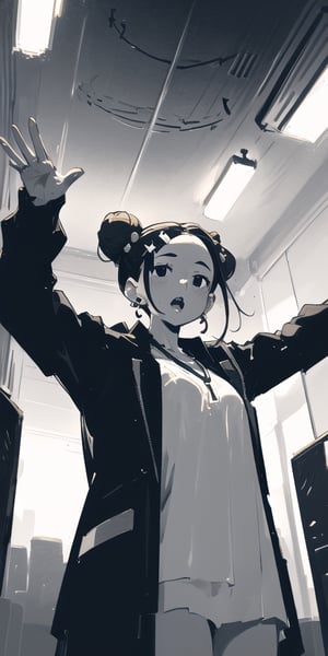 1girl, solo, looking at viewer, open mouth, shirt, black hair, hair ornament, jewelry, jacket, upper body, earrings, teeth, indoors, hair bun, black eyes, lips, black jacket, double bun, upper teeth only, from below, outstretched arms, red shirt, forehead, ceiling, ceiling light