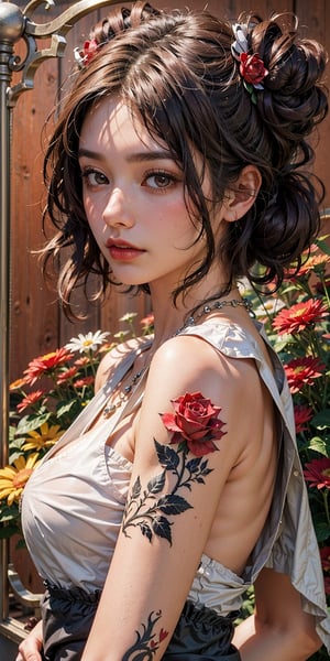 dal-1, 1girl, solo, looking at viewer, short hair, black hair, hair ornament, dress, closed mouth, jewelry, twintails, brown eyes, upper body, flower, heart, frills, parted lips, blunt bangs, hair flower, necklace, hair bun, black dress, eyelashes, clothing cutout, tattoo, double bun, makeup, border, rose, facial mark, portrait, cross, red flower, white border, red background, lace, red rose, red lips, red theme, heart tattoo, heart facial mark ,CONCEPT_irezumi_YakuzaTattoo_ownwaifu,score_9