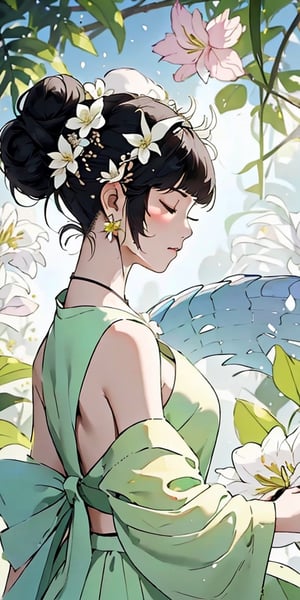 1girl, solo, black hair, hair ornament, dress, holding, jewelry, standing, full body, closed eyes, flower, earrings, barefoot, sleeveless, hair bun, from side, profile, single hair bun, white flower, green dress, long dress, holding flower, lily \(flower\),breasts,dragonbaby,front-tie bikini