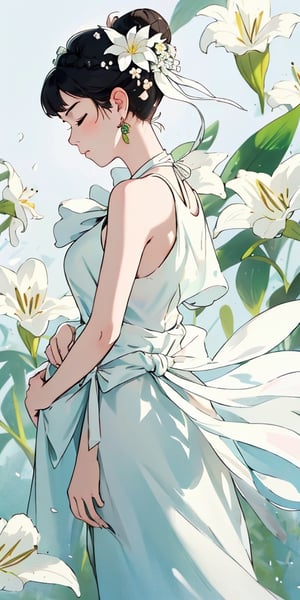 1girl, solo, black hair, hair ornament, dress, holding, jewelry, standing, full body, closed eyes, flower, earrings, barefoot, sleeveless, hair bun, from side, profile, single hair bun, white flower, green dress, long dress, holding flower, lily \(flower\),breasts,dragonbaby,front-tie bikini