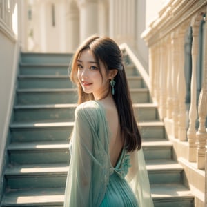 best quality, masterpiece, a middle-aged Taiwanese lady with cute style, 150cm tall, long hair, small earrings, translucent sunglasses, wearing a blue, green colorful dress, lotus leaf collarth, calaf-lengthr. the middle of the long staircase facing the sea. A large-aperture long lens looks down from the top of the staircase. she face the camera with a bright smile. The backlight shines. There are many old lower houses in the sground . The real person has delicate skin, to see the whole body of character, 32k high resolution