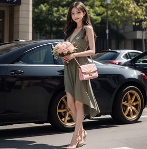 full body shot, A beautiful girl got off a benz. people fans around her, She was tall and wearing a beautiful olive-green dress and beautiful high heels. Her long brown hair was tied with a pink ribbon and gold hanging earrings. She showed a sweet smile. She was holding a large bouquet in left hand and a small red bag hooked on her left fingers. the skin is delicate, real person, big star temperament, large aperture lens, the backlight shines