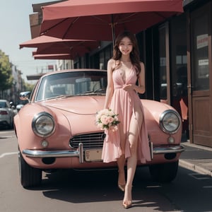 full body shot, A beautiful girl got off a benz. people fans around her, She was tall and wearing a beautiful orange-pink dress and beautiful high heels. Her long brown hair was tied with a pink ribbon and gold hanging earrings. She showed a sweet smile. She was holding a large bouquet in left hand and a small red bag hooked on her left fingers. the skin is delicate, real person, big star temperament, large aperture lens, the backlight shines
