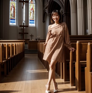 full body shot, best quality, masterpiece, a middle-aged Taiwanese lady with short figure, shoulder hair and small earrings, wearing a red plaid crew-neck dress, Nice legs white pumps heels, charming posing in the bright small church aisle looks back, a bright smile, real people with delicate skin, background the big cross on the wall, there are white benches on both sides, a large aperture lens looks inward from the door, there is a large chandelier above the church, the keel roof, 32k high resolution, ,1 girl