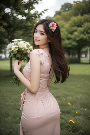 1girl, solo, long hair, looking at viewer, smile, brown hair, black hair, hair ornament, dress, brown eyes, ass, flower, outdoors, looking back, hair flower, from behind, tree, lips, grass, pink dress, bouquet, realistic,Sexy Pose