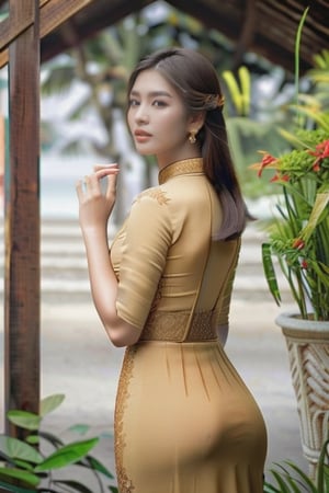 ((masterpiece)),A realistic photo of an elegant lady with brown hair,  showcasing intricately detailed skin texture and shadow, trending on Artstation with high-quality 8k resolution, stand,((half body)),view from back,acmm ss outfit, Myanmar,  Burmese,acmm ss outfit,1 girl,acmm thanaka makeup,more detail XL