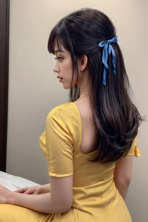 (((masterpiece))),best quality, illustration,(beautiful detailed girl),beautiful detailed glow,(beautiful detailed eyes),expressionless,azure hair,disheveled hair,long bangs, hairs between eyes,(yellow dress),black ribbon,acmm ss outfit,Myanmar.viewed from behind.perfect body.perfect face.