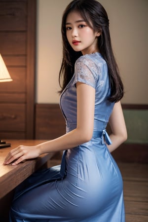 (((masterpiece))),best quality, illustration,(beautiful detailed girl),beautiful detailed glow,(beautiful detailed eyes),expressionless,azure hair,disheveled hair,long bangs, hairs between eyes,(skyblue dress),black ribbon,acmm ss outfit,Myanmar.viewed from behind