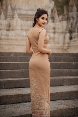 ((masterpiece)),A realistic photo of an elegant lady with brown hair,  showcasing intricately detailed skin texture and shadow, trending on Artstation with high-quality 8k resolution, stand,((half body)),view from back,acmm ss outfit, Myanmar,  Burmese,acmm ss outfit,1 girl
