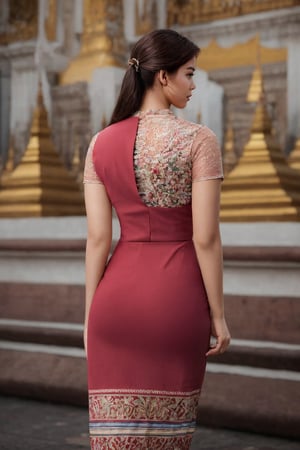 ((masterpiece)),A realistic photo of an elegant lady with brown hair,  showcasing intricately detailed skin texture and shadow, trending on Artstation with high-quality 8k resolution, stand,((half body)),view from back,acmm ss outfit, Myanmar,  Burmese,acmm ss outfit,1 girl