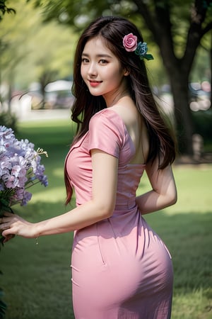 1girl, solo, long hair, smile, brown hair, black hair, hair ornament, dress, brown eyes, ass, flower, outdoors, day, looking back, hair flower, from behind, blurry, black eyes, tree, blurry background, ((pink dress)), realistic,acmm ss outfit, 