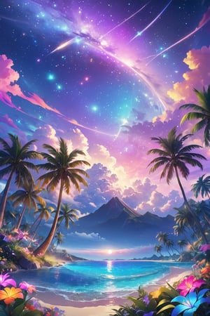 a purple sky filled with stars and palm trees, a screenshot by Yi Insang, featured on dribble, space art, nightscape, psychedelic, parallax