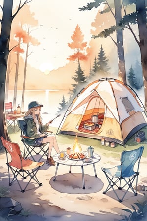 masterpiece, Sticker typography, best quality, aesthetic,Watercolor style,Camping element props, Camping lights included, Camping chair, Tent, Camping table, Camping sofas, forest, The setting sun, Warm atmosphere,There was a lot of food on the table,Two beautiful girls in their 20s sit on camping chairs