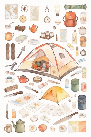 masterpiece, Sticker typography, best quality, aesthetic,Watercolor style,Camping equipment sticker pack, knolling layout ,Tent, Sleeping bag, Stoves, Tableware, Camping lamp, kettle, Sunscreen hats, Multi-tool knife, Compass, First aid kit, Map
A wealth of colors, Unique design, High picture quality