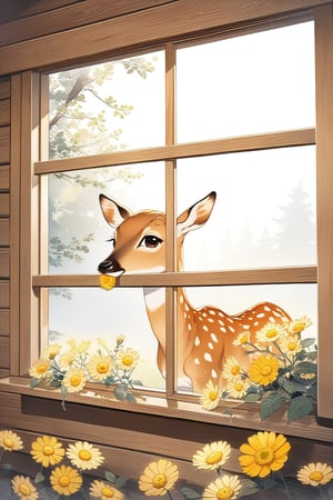 Outside the window screen, the fawn sent me flowers, A fawn with yellow flowers in its mouth, Give it to the window of the wooden house