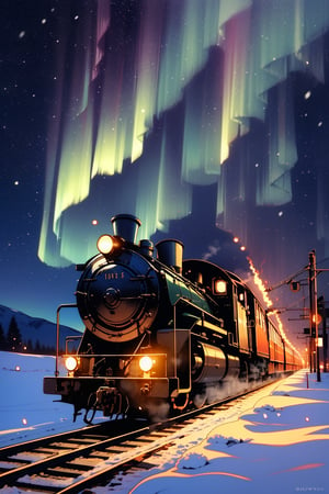 Watching the aurora in the carriage of a moving train on a snowy night,A steam train is travelling.The scene inside the train,Retro knick-knacks,

