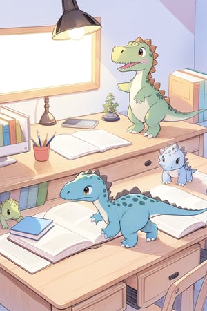 Inside the little boy's bedroom, Close-up of a large desk, There are 5 cute cartoon baby dinosaurs walking by on the desk, Very small dinosaurs, Macro perspective, There are a lot of books on the desk, A table lamp, Computers and other objects