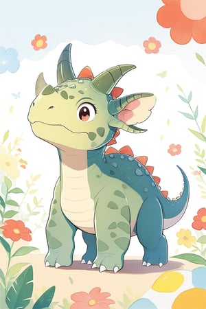 Cute baby triceratops, Cub, Children's picture book flat film style, The dinosaur breed is Triceratops, Lovely, primary-age, Flat coating