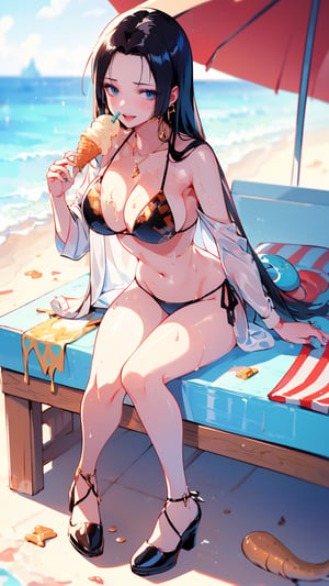 (1 girl), blue eyes, black hair, full Body, Snake-shaped earrings, (smile), ((eating soft serve ice cream with tongue)), ((sexy design bikini)), ultra high resolution, 8k, Hdr, daytime, in the beach, (sweat all over the face)
