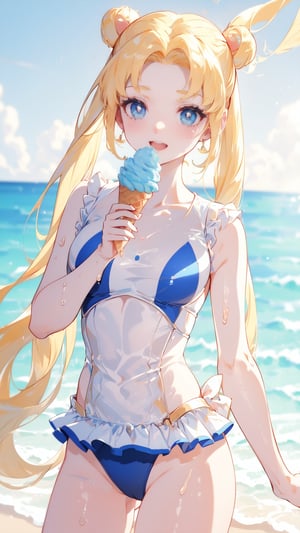 ((1 girl)), ((blue eyes)), (golden hair), (pigtails hairstyle),  (Charming smile), ((eating soft serve ice cream with tongue)), ((sexy design swimsuits)), ultra high resolution, 8k, Hdr, daytime, in the beach, (sweat all over the face)
