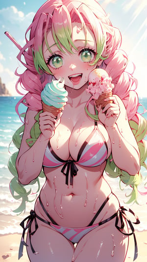 (1 girl), (green eyes), (pink hair), (happy smile), ((eating soft serve ice cream with tongue)), ((sexy design bikini)), ultra high resolution, 8k, Hdr, daytime, in the beach, (sweat all over the face)