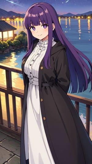 <Fern>
(1girl, solo, purple hair, long hair, purple eyes, blunt bangs, sidelocks, bright pupils),

<Clothes>
(frilled collar, black robe, black coat, white dress, center frills, buttons, wide sleeves, long sleeves, curvy, cowboy shot), 

<Scenery>
(lake, balcony, night, starry_night),

<Pose>
(Posing, arms behind back, smile, average breasts, looking at viewer)