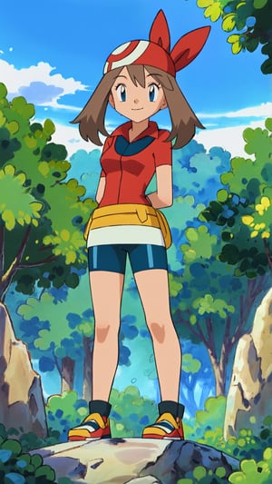 <May>
(asbsurdres, highres, best quality, masterpiece, outdoors, 1girl, solo, may (pokemon), smile),

<Clothes>
(red shirt, bandana with two braids, white gloves, blue shorts, cropp skirt, yellow fanny pack),

<Pose>
(Standing, smile, average breasts, arms behind back)