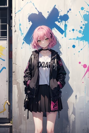 A beautiful girl wearing a punk-style skirt, with graffiti spray-painted background.