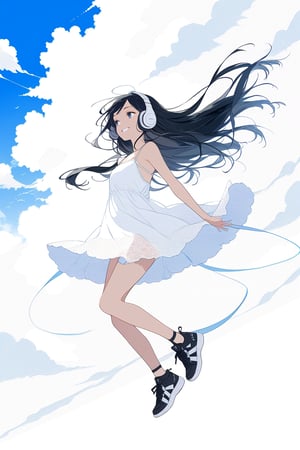 A black-haired beauty with a smile, her long hair swaying in the wind, wearing black full-cover headphones, a sleeveless white mini dress with thin straps, black sneakers, set against a backdrop of white clouds and blue sky.