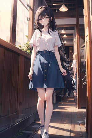 A long-haired beauty wearing a white top, denim skirt, and canvas shoes.