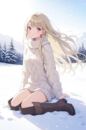A beautiful girl with long hair wearing a knitted jumper and boots with snow in the background