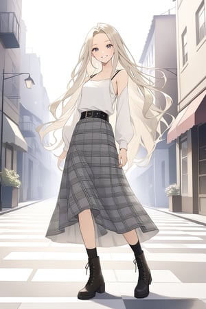 A long-haired beauty smiling, wearing a white top with a thin-strapped checkered vest over it, paired with a checkered long skirt and boots, with a street background.