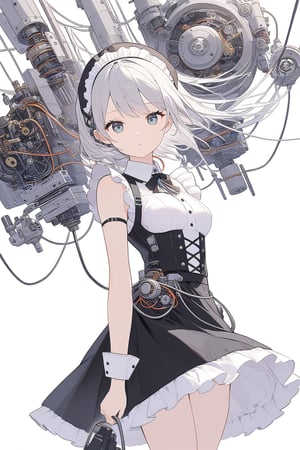 Sleeveless maid outfit, with some mechanical components on the body, connected to many wires leading outside.