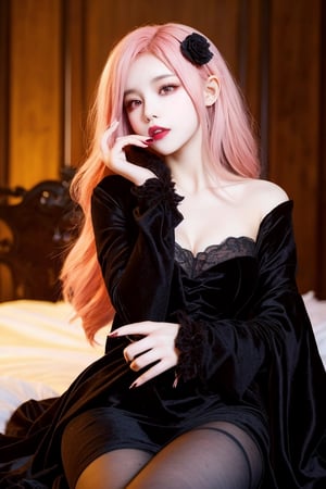 a woman with pink hair sitting on a bed, gothic maiden anime girl, dreamy gothic girl, ((a beautiful fantasy empress)), anime girl wearing a black dress, she is the queen of black roses, gothic princess portrait, gothic maiden, princess of darkness, beautiful vampire female queen, lady dimitrescu, gothic girl, gothic maiden of the dark, beautiful vampire queen,realhands,sanatw