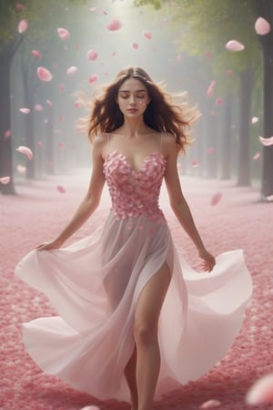 While a beautiful woman walks, her body turns into a petal underneath and the petals fly away. High quality, 8k,aesthetic portrait,style