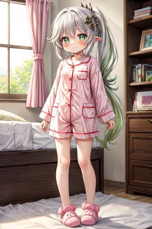 nahida, loli, pink pajama, pink slippers, high_resolution, :), masterpiece, full_body, standing, room, bed