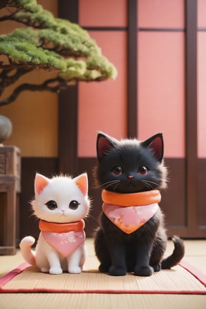 Cat couple sitting on japanese room, one pink with scarlet_eyes, one black with orange_eyes, wear couple clothes, full body, small kitten, sharp focus, cinematic, Xxmix_Catecat, cutie