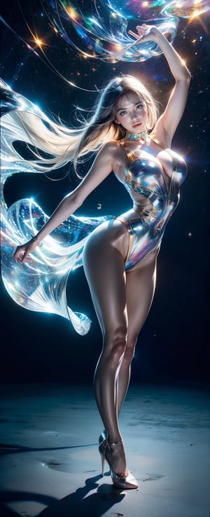 Masterpiece of a solo female, radiating perfection in high-definition illustration. She stands amidst swirling cosmic energies, her curvaceous figure clad in oversized, flowing attire that accentuates her toned physique. Her legs, a stunning fusion of art and anatomy, seem to defy gravity as she strikes a sultry pose. The universe's complex colors dance around her, with black holes and magic-infused hues creating an otherworldly atmosphere. A true masterpiece of comic book style.,Fantasy,girl,openmouth,DonMSp3ctr4l