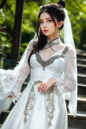 1girl, solo, beautiful asian looking girl, looking at viewer, smile, long black hair, ((white long sleeves)), ((white dress)), jewelry, ((hair bun)), flowing long hair, wedding veil, beautiful chinese ornament hairpin, standing, torso shot, earrings, outdoors, wide sleeves, chinese clothes, veil, stairs, hanfu, intricate details, highly detailed, expressiveh, emotionless, realistic, ,Illustration,angelawhite,viking