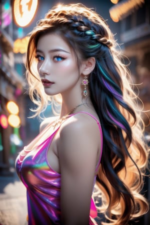 A masterpiece of a portrait photograph, set against a dark background with pink color lighting at 1.5 intensity, spotlights the exquisite subject from the side. Her multicolored, wavy hair cascades down her slender body, adorned with short sidelocks. Her blue eyes sparkle with a subtle tareme, as she tilts her head and poses in a shoulderless sundress. The camera captures her 3D face, flat chest, and cute facial features, all while showcasing the model's balanced physique. Shiny hair and skin complete this stunning visual masterpiece.