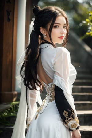 1girl, solo, beautiful asian looking girl, looking at viewer, smile, long black hair, ((white long sleeves)), ((white dress)), jewelry, ((hair bun)), flowing long hair, wedding veil, beautiful chinese ornament hairpin, standing, torso shot, earrings, outdoors, wide sleeves, chinese clothes, veil, stairs, hanfu, intricate details, highly detailed, expressiveh, emotionless, realistic, ,Illustration,angelawhite,viking,leonardo,round ass