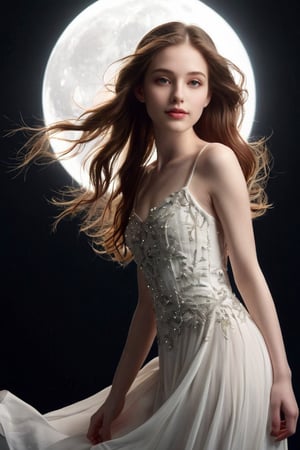 A teenage girl stands serene against a velvety black night sky, her porcelain-pale skin glowing softly in the moonlight. She wears a flowing white dress that rustles gently as she poses, paired with gleaming white boots that seem to shimmer in harmony. Her lovely face is bathed in an ethereal light, highlighting her luscious locks and juicy lips that curve into a subtle smile. The moon's gentle rays dance across her hair, imbuing the scene with an air of mystique.