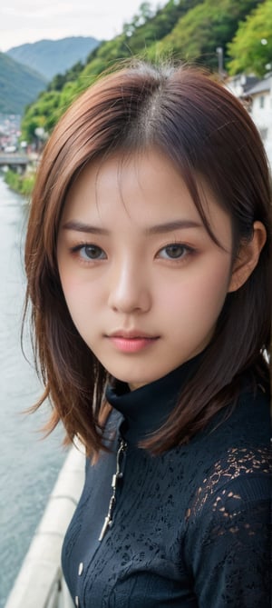 1girl, 25yo, Chihiro Ogino, beauty, beautiful face and eyes, kindness, innocence, justice, cuteness, train, river, town, medium shot