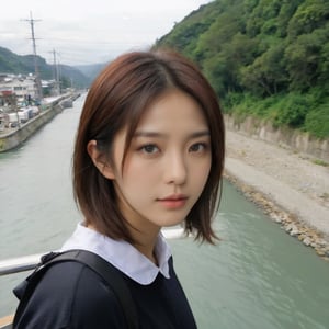 1girl, 25yo, Chihiro Ogino, beauty, beautiful face and eyes, kindness, innocence, justice, cuteness, train, river, town, medium shot,FilmGirl