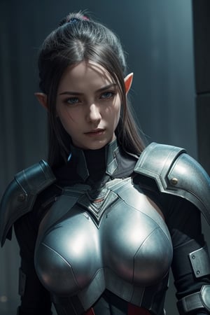 In a stunning watercolor depiction, a female high elf mercenary stands confidently, her heavily armored physique glistening in sharp focus. The artist's use of soft colors and subtle texture creates a visually breathtaking scene. Set against a dark, misty background, the subject's intricate details - from the armor plating to the delicate features of her face - are showcased in exquisite detail. A masterpiece of cyberpunk RPG-inspired artistry, as seen in the works of Greg Rutkowski.