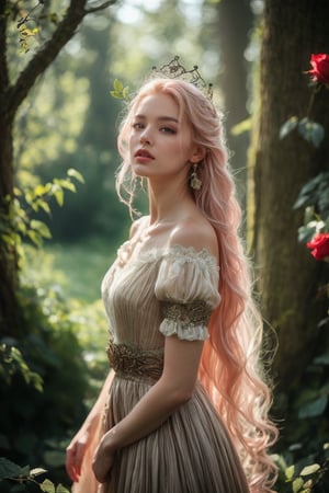 In a whimsical, dreamlike setting, a princess with pink hair and eyes adorns a rose- themed gown, her long hair flowing gently behind her. A soft, magical glow illuminates her delicate features, as she stands amidst an enchanted forest, surrounded by glowing flowers and fluttering butterfly accessories. Delicate butterfly wings sprout from her crown, while a gentle breeze rustles the petals of the enchanted rose at her feet. The fairy tale castle in the distance casts a majestic shadow, as magical creatures frolic playfully within the whimsical landscape. Ethereal beauty emanates from this masterwork of fantasy art, crafted with ultra-detailed precision by Angela White.,Sugar babe ,leonardo