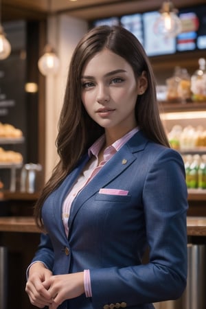Create a hyper realistic image of a girl in a business suit,8k,detail,epic realism,better photography,LinkGirl,1girl, 
arrogant, blushing,ice cafe,More Detail