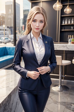 Create a hyper realistic image of a girl in a business suit,8k,detail,epic realism,better photography,LinkGirl,1girl, 
arrogant, blushing,ice cafe,perfect light,More Detail